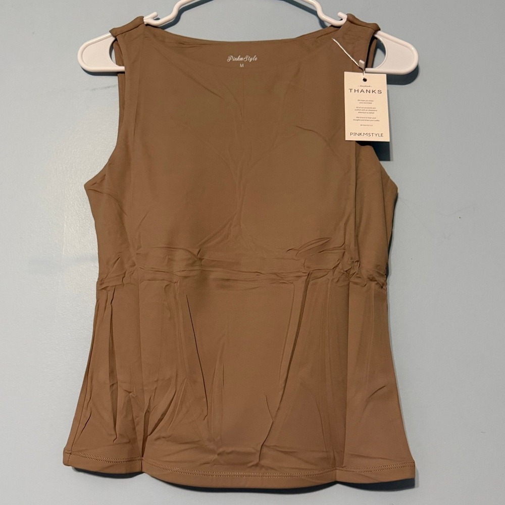 PinkmStyle Women's M Tan Brown Sleeveless Tank Top Boat Neck Nylon Spandex 2301